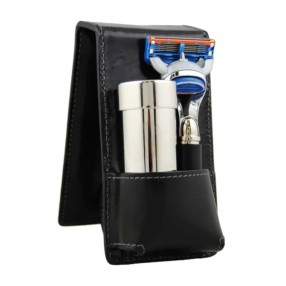 geo-trumper-travel-shaving-set-dachshaar-rasierpinsel-rasierer-im-lederetui image 1
